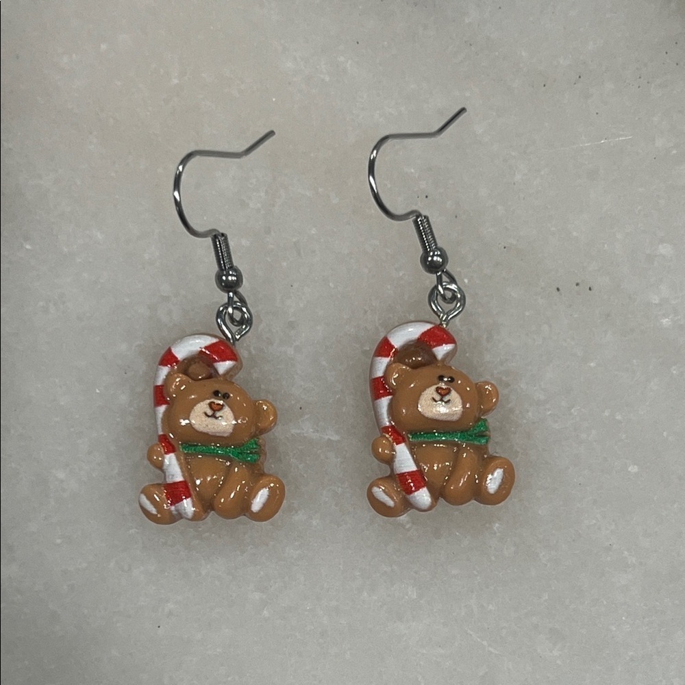 Adorable Holiday Bear Earrings with Candy Cane